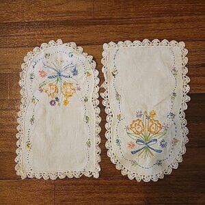 2 Linen Embroidered Crochet Armchair Covers Doilies AS IS Blue